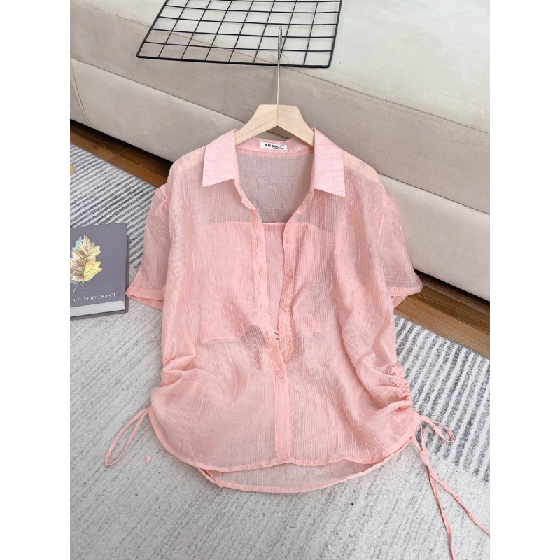 Set Áo Sơ Mi Nữ Tay Ngắn Rút 2 Bên Chất Voan Tơ Kèm Áo Lót Trong, Sơ Mi Nữ Freesize Phong Cách Hàn Quốc
