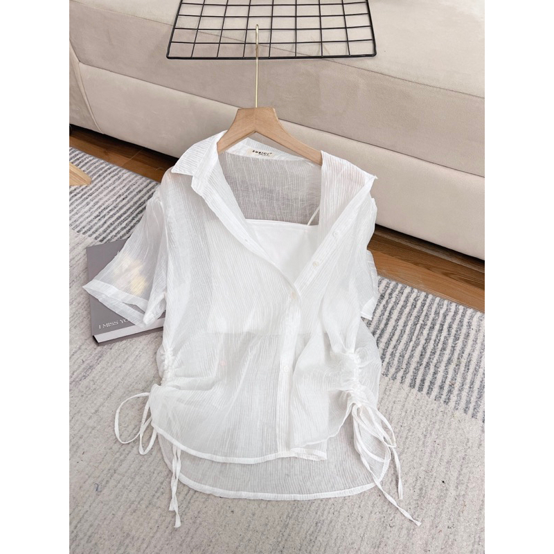 Set Áo Sơ Mi Nữ Tay Ngắn Rút 2 Bên Chất Voan Tơ Kèm Áo Lót Trong, Sơ Mi Nữ Freesize Phong Cách Hàn Quốc