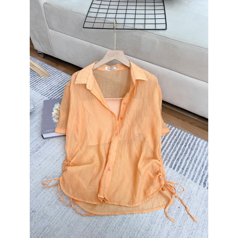 Set Áo Sơ Mi Nữ Tay Ngắn Rút 2 Bên Chất Voan Tơ Kèm Áo Lót Trong, Sơ Mi Nữ Freesize Phong Cách Hàn Quốc