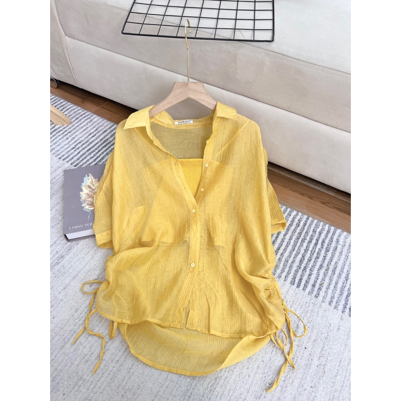 Set Áo Sơ Mi Nữ Tay Ngắn Rút 2 Bên Chất Voan Tơ Kèm Áo Lót Trong, Sơ Mi Nữ Freesize Phong Cách Hàn Quốc