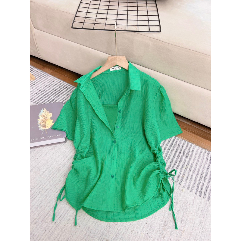 Set Áo Sơ Mi Nữ Tay Ngắn Rút 2 Bên Chất Voan Tơ Kèm Áo Lót Trong, Sơ Mi Nữ Freesize Phong Cách Hàn Quốc