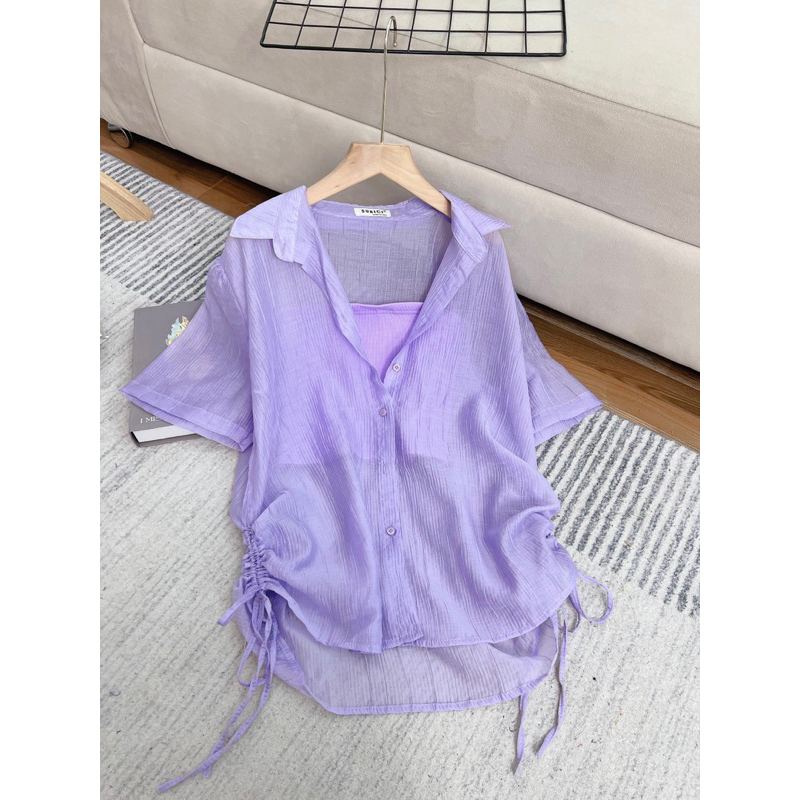 Set Áo Sơ Mi Nữ Tay Ngắn Rút 2 Bên Chất Voan Tơ Kèm Áo Lót Trong, Sơ Mi Nữ Freesize Phong Cách Hàn Quốc