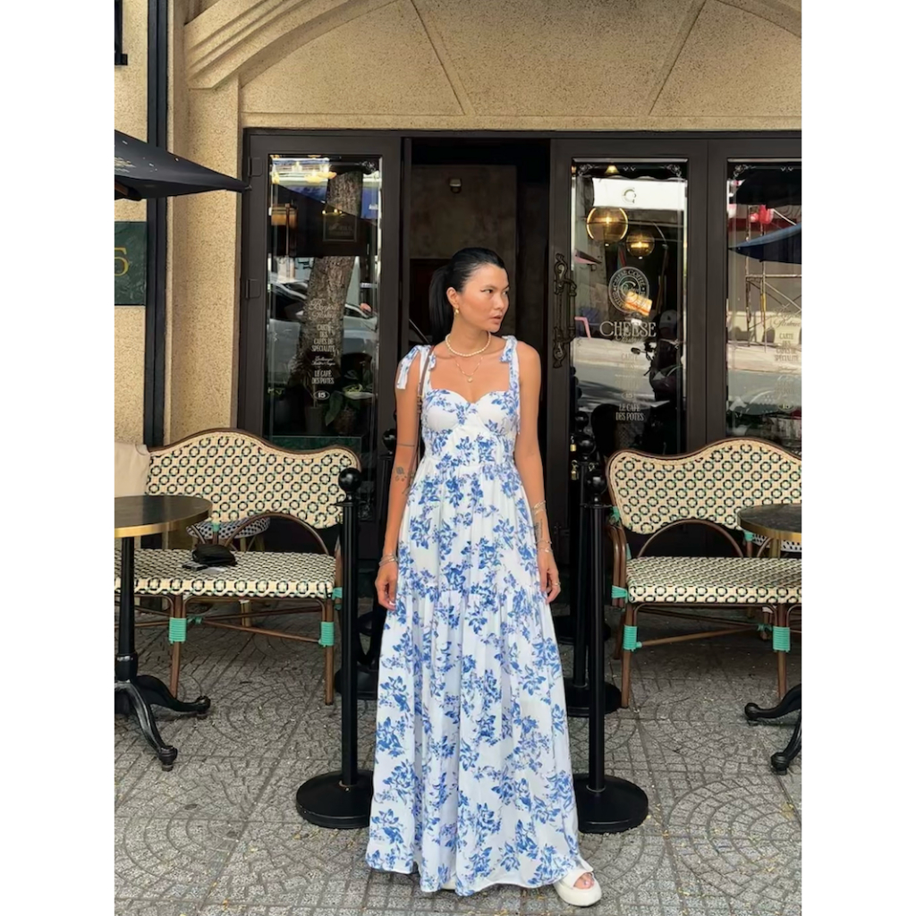 MADAMN - BUTTERCUP DRESS - Đầm Maxi Dây Nơ Buộc Vai, Cúp Ngực, Hoa Trắng Xanh.