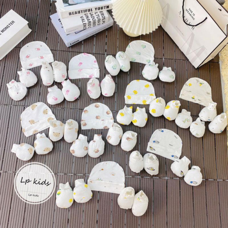 Set mũ kèm bao tay chân petti thun lạnh trắng Hoạ tiết 5 món cho bé sơ sinh