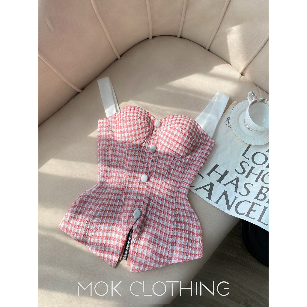 Áo nữ 2 dây có mút ngực phối nút dây kéo sau lưng dáng ôm xoè nhẹ phần dưới siêu xinh