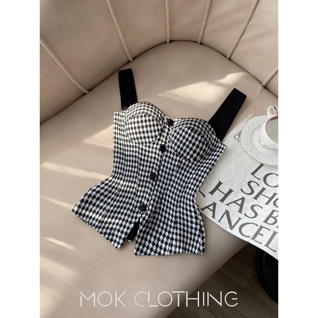 Áo nữ 2 dây có mút ngực phối nút dây kéo sau lưng dáng ôm xoè nhẹ phần dưới siêu xinh