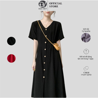 Đầm linen tay ngắn khuy dọc, phong cách trẻ trung Hàn Quốc