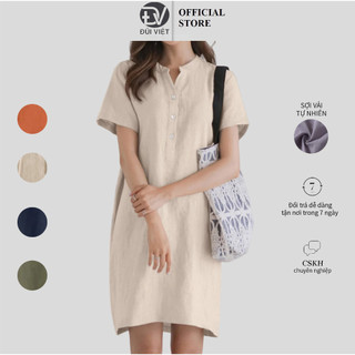 Đầm suông nữ thiết kế cổ tàu phối cúc thanh lịch, chất liệu linen thoáng mát Đũi Việt Dv199