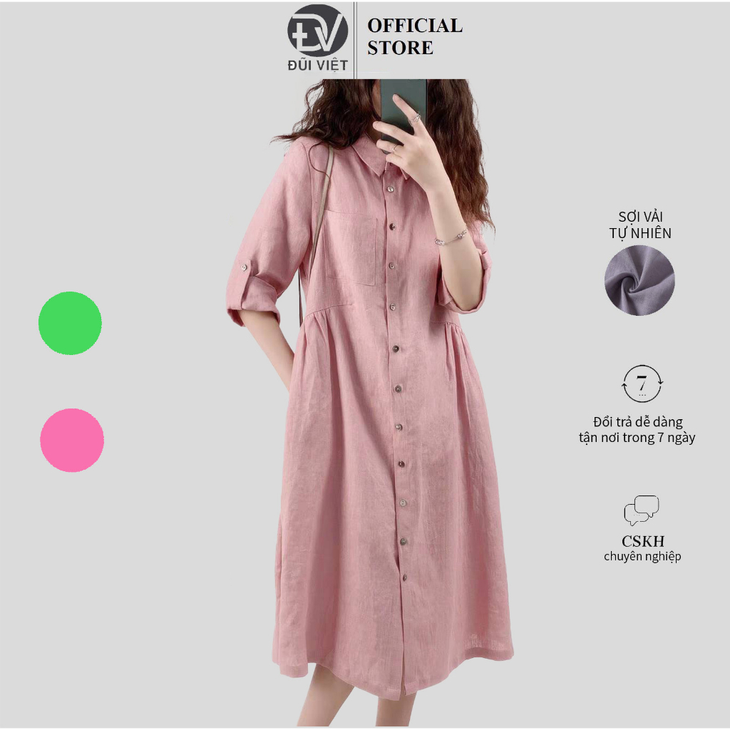 Váy sơ mi suông dài liền thân, tay lỡ, chất linen, màu hồng trẻ trung nữ tính Đũi Việt