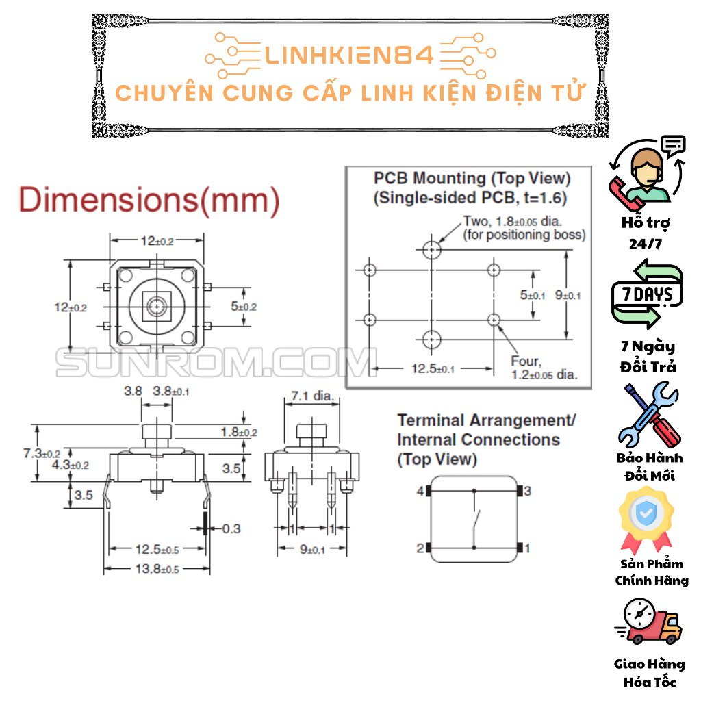 COMBO 5 Chiếc Nút Nhấn 4 Chân Omron 12x12x7.3MM