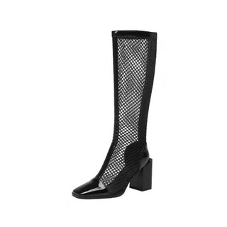 Boot lưới cao cổ, boot đùi da bóng khóa sau phối lưới gót vuông hàng Full hộp cao 8cm - BOT61