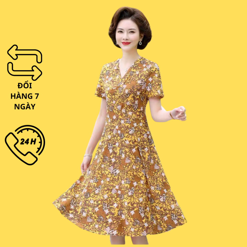 Có sẵn -Đầm trung niên phong cách phương tây chất thun có túi hai bên họa tiết hoa váy trung niên tặng mẹ tặng bà