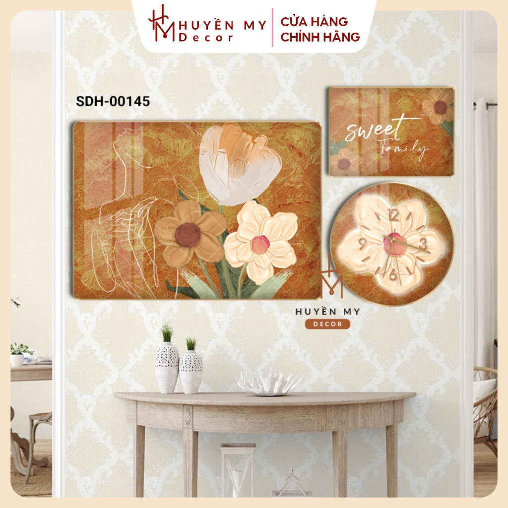 Bộ 3 Tranh Đồng Hồ Treo Tường Tráng Gương Pha Lê Sang Trọng, Tranh Treo Tường Decor Cao Cấp - Huyền My Decor