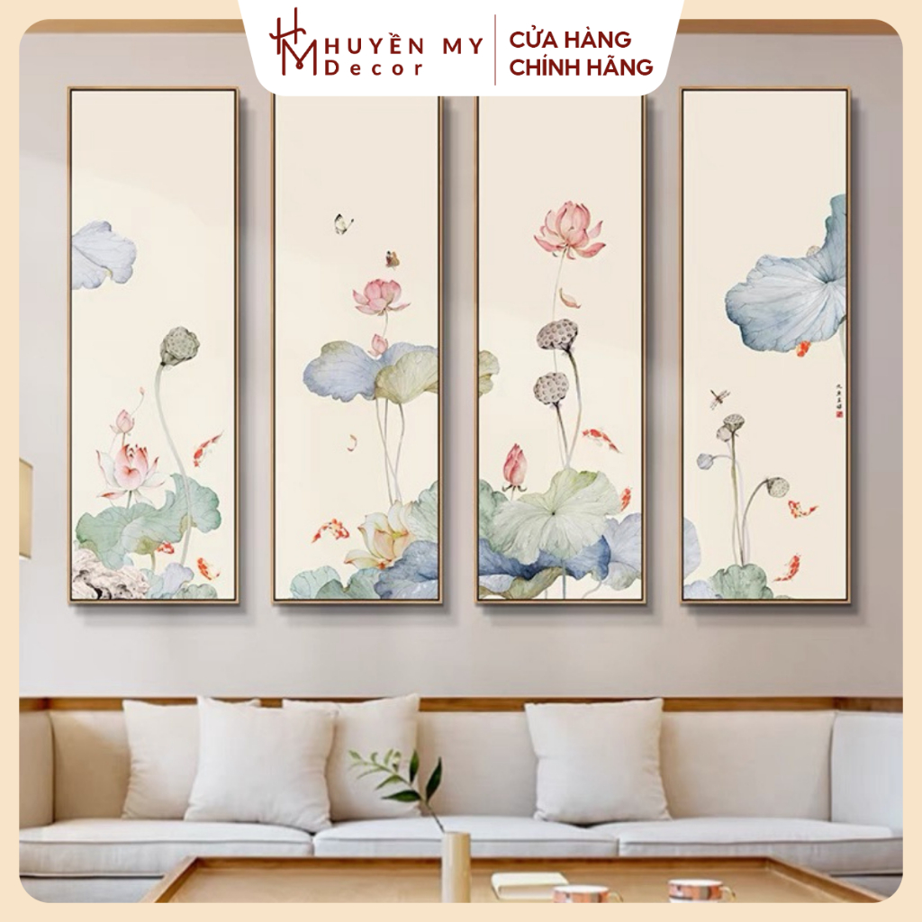 Bộ 4 Tranh Hoa Sen Treo Tường Chất Liệu Lụa Kim Sa Huyền My Decor, Tranh Decor Phù Hợp Mọi Không Gian