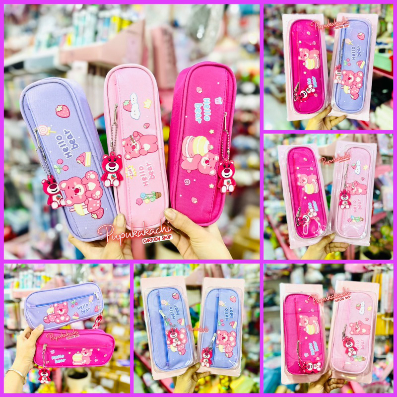 Hộp Bút, Bóp Viết Vải Gấu Dâu LOTSO 2 Dây Kéo Mẫu Mới Kèm Móc Khoá Cute