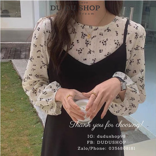 (Hỏa tốc) Set Váy Hai Dây Cổ V Mix Áo Sơ Mi Hoa Nhí Cổ Tròn Dài Tay Phong Cách Hàn Quốc Nhẹ Nhàng Ảnh Thật-dd03