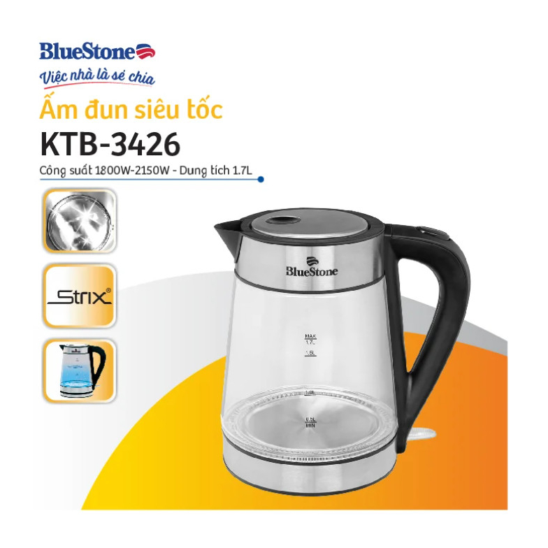 Thân ấm thủy tinh Bình đun siêu tốc Bluestone 1.7 lít KTB-3426