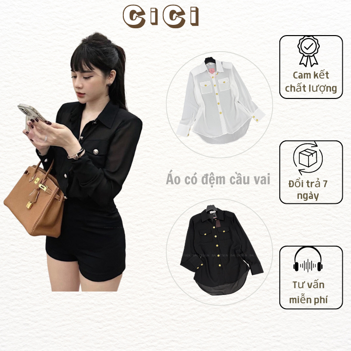 Áo sơ mi nữ dài tay chất voan mềm mỏng phối cúc đồng có đệm cầu vai,áo sơ mi trắng nữ