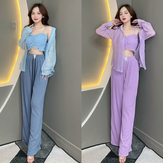 Set Thiết Kế 3 Món Áo Sơ Mi Phối Quần Suông Dài ( Kèm Áo 2 Dây) T1183- Thanh Tự