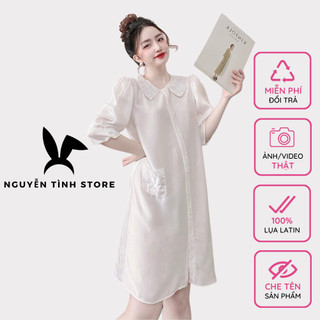 Váy ngủ nữ cộc tay Nguyễn Tình Store đầm ngủ tiểu thư lụa Latin cao cấp dáng suông cổ thêu hoa