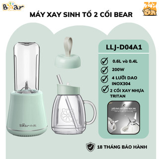 Máy xay sinh tố điện cầm tay mini đa năng 0.6L Bear LLJ-D04A1, CS 200W, cốc kèm nắp nghiền đá nhỏ, ít tiếng ồn, BH 18Th