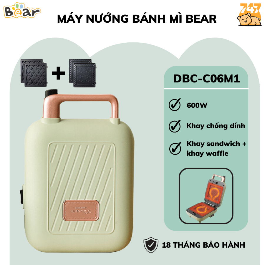 Máy Kẹp Nướng Bánh Mì Mỳ Sandwich Bear DBC C06M1, làm bánh Waffle -Bánh Quế -Làm Bữa Sáng nhanh, Chính Hãng,BH 18 tháng