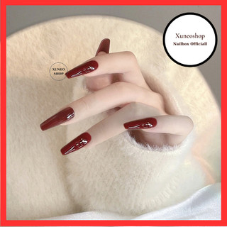 Móng tay giả dài màu đỏ xuneoshop set 24 móng giả kèm keo