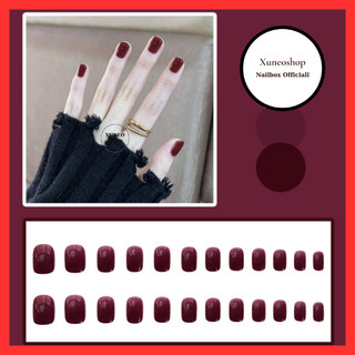 Móng tay giả ngắn màu đỏ trơn bóng xuneoshop set 24 móng giả kèm keo