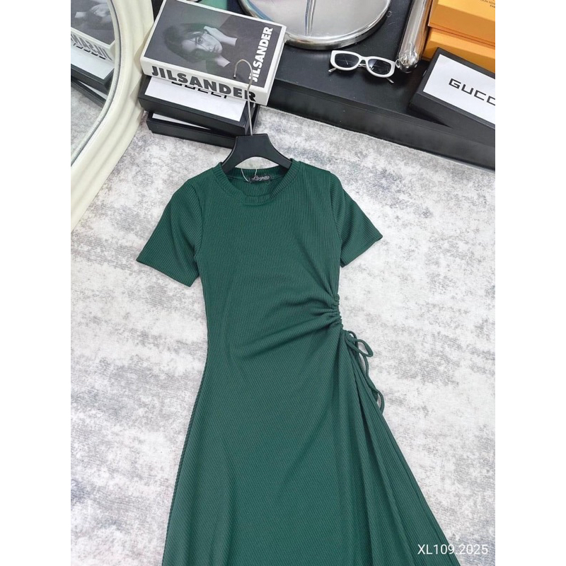 Đầm body tay ngắn rút dây eo dáng xoè dài  co giãn bigsize