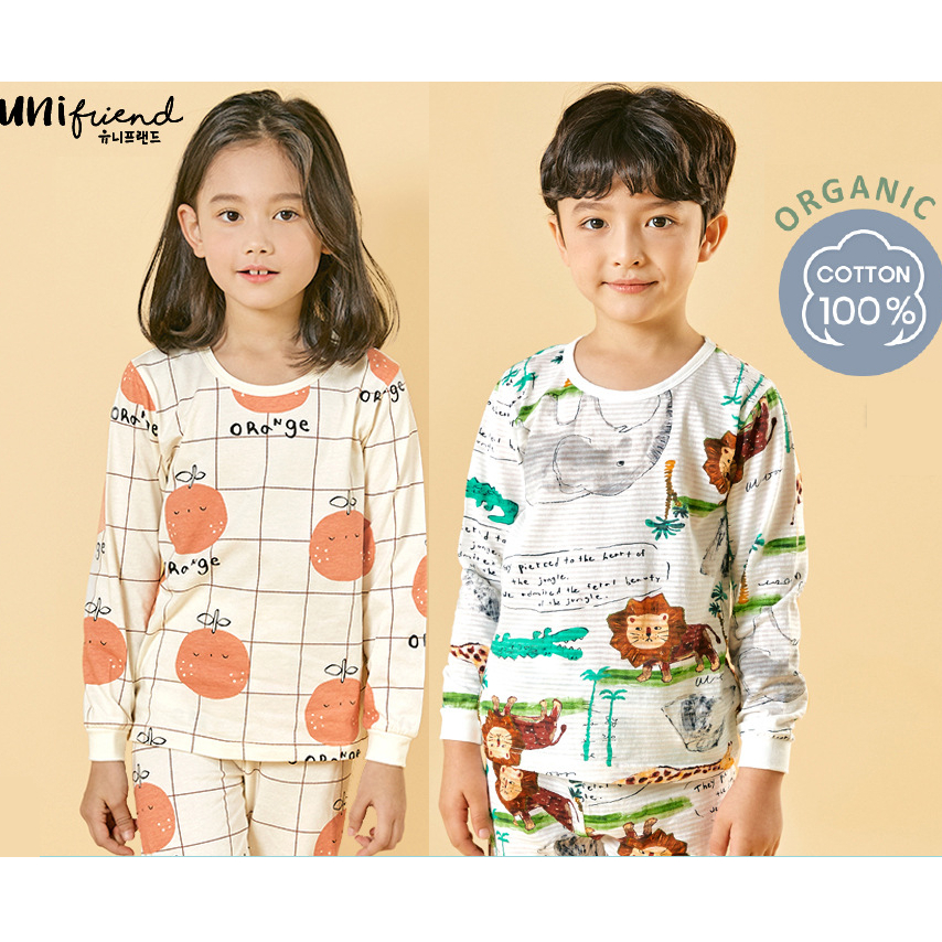 Bộ quần áo lửng tay dài tay cotton organic cho bé trai bé gái hãng Unifriend Hàn Quốc bộ thu đông cho bé từ 9-40kg