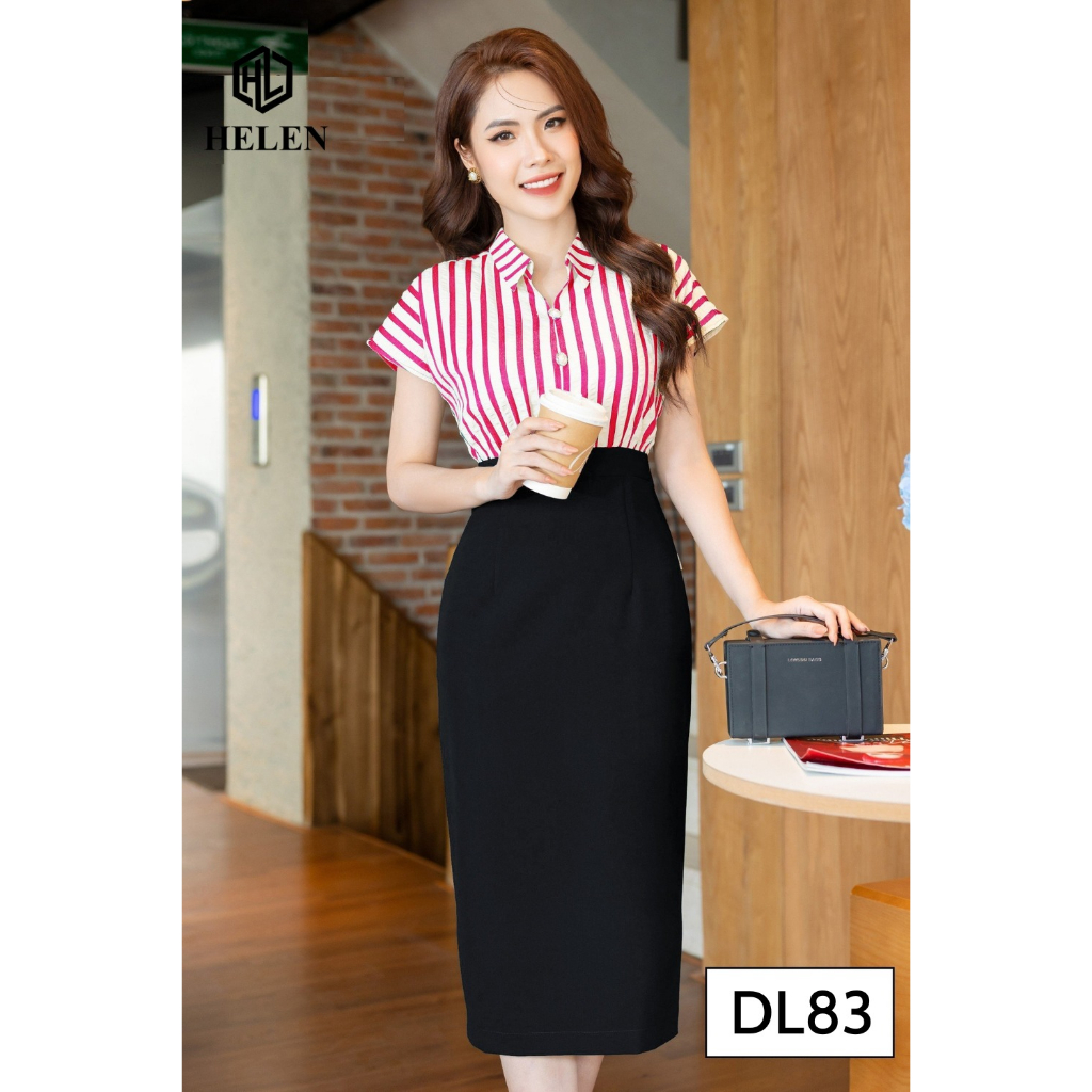 Đầm công sở HELEN thiết kế dáng ôm kẻ hồng phối chân đen DL83