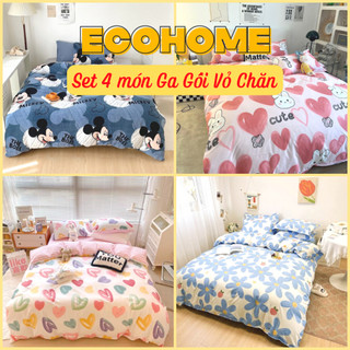 Bộ chăn ga gối, ga giường 4 Món chất Poly Cotton, Set chăn ga gối bo chun drap giường, bộ mền ra gối 4 món nhà EcoHome