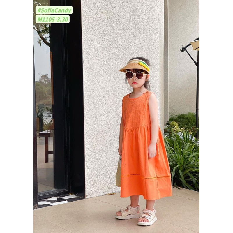 Đầm maxi cam thô Hàn chuẩn xịn cho bé 1-10 tuổi