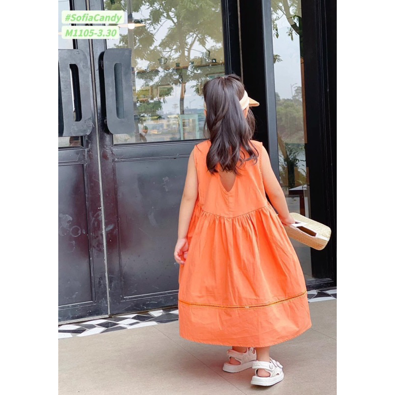Đầm maxi cam thô Hàn chuẩn xịn cho bé 1-10 tuổi