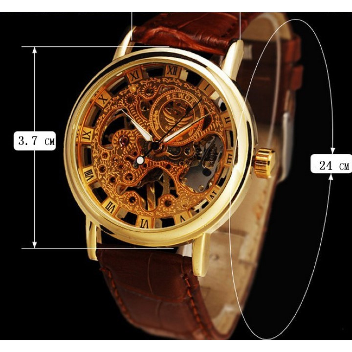 Đồng hồ nam máy cơ SEAWO mặt lộ máy dây da nâu