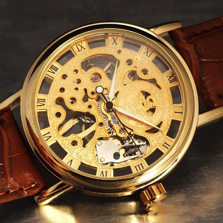 Đồng hồ nam máy cơ SEAWO mặt lộ máy dây da nâu