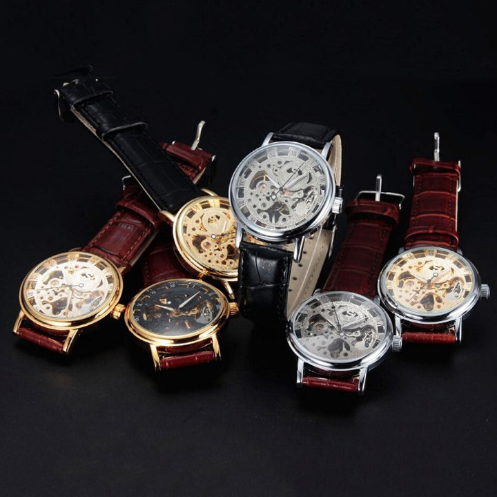 Đồng hồ nam máy cơ SEAWO mặt lộ máy dây da nâu