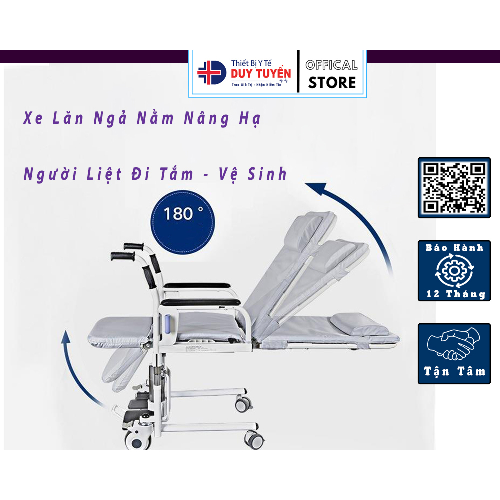 Xe Lăn Đa Năng Thiết Bị Y Tế Duy Tuyền Ngả Nằm Nâng Hạ Người Liệt Từ Giường Đi Tắm, Vệ Sinh Tiện Lợi