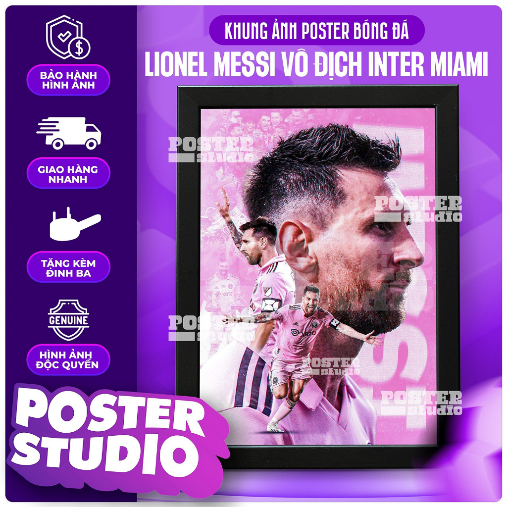 Khung ảnh poster MESSI Champions màu áo INTER MIAMI gồm 2 kích thước để bàn A5 (18cm x 24cm), treo tường A4 (24cm x 35c