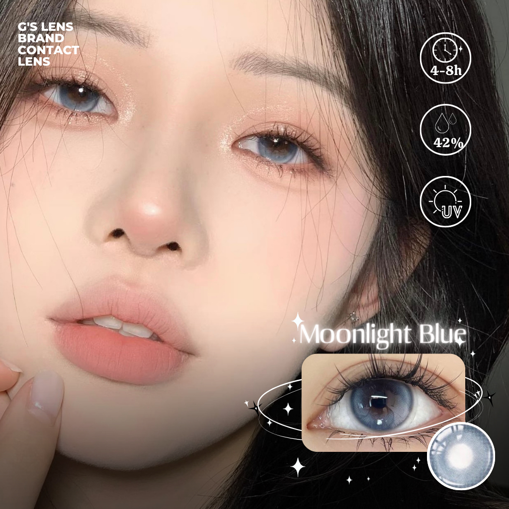 Lens Mắt Kính Áp Tròng Xanh Tây Filter Moonlight Blue Hot Trend Size S Giãn Ít 14.2mm 0-8 Độ Cận