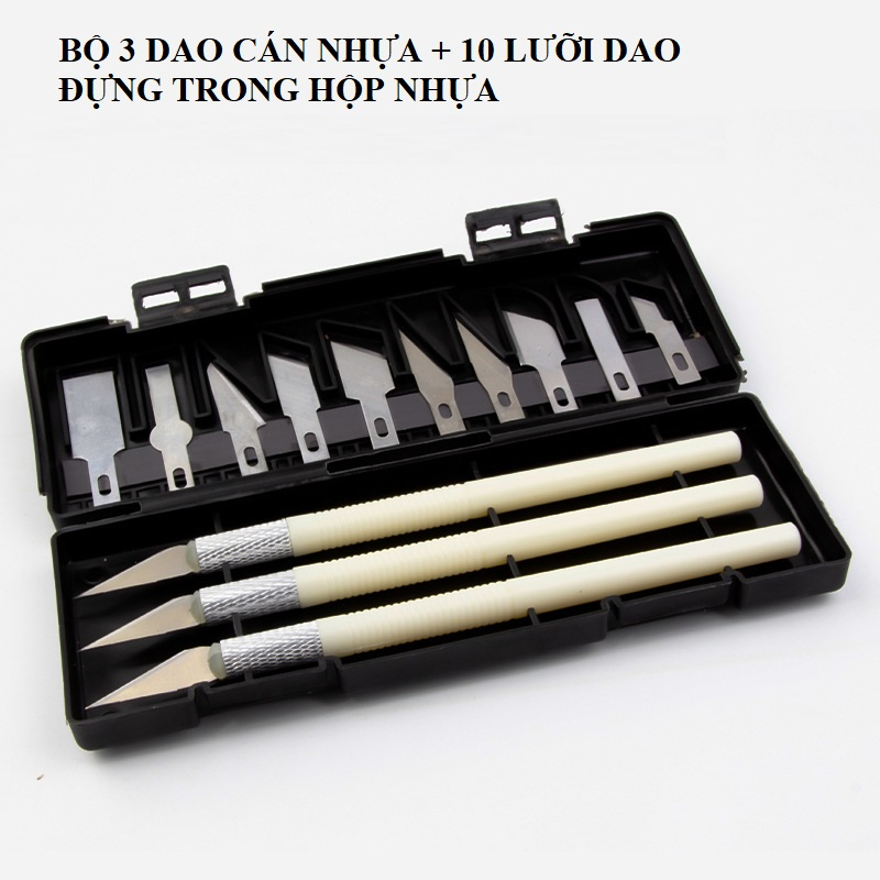 Bộ 3 dao cán nhựa có hộp đựng dùng để dọc giấy, dao khắc bút chì, dao trổ hoa quả