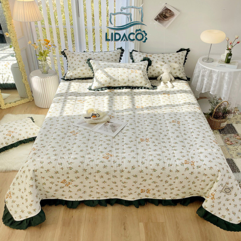 Bộ ga giường chần bông cotton Hàn LIDACO cotton 100% mềm mịn, decor phòng ngủ vintage