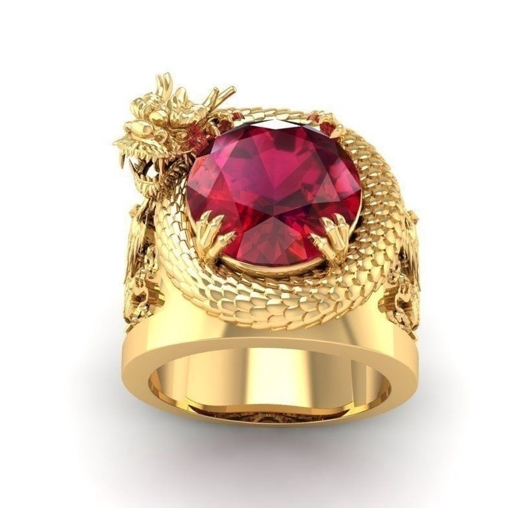 Nhẫn TiTan Mạ Vàng Rồng 3D Khảm Đá Ruby Cao Cấp Sang Trọng Cho Nam