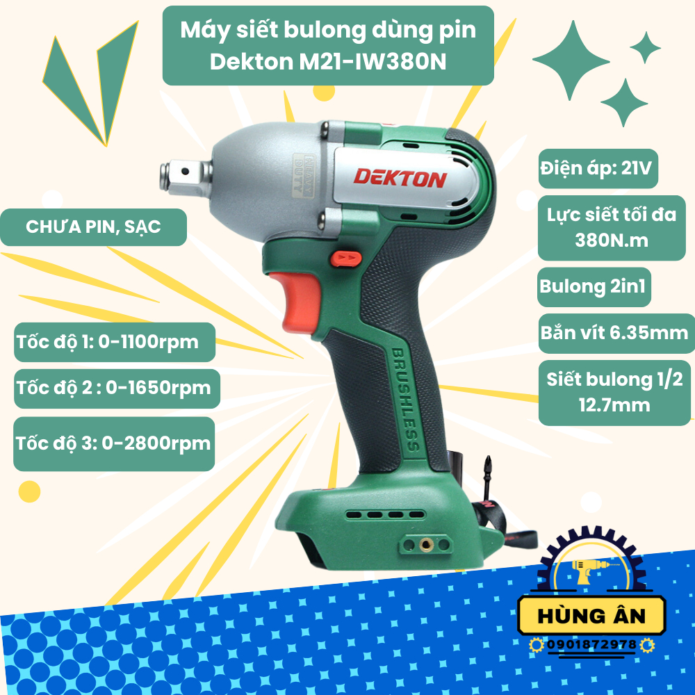 Máy siết bulong 2in1 Dekton M21-IW380N/Lực siết 380Nm/Motor Brushless/Chân pin phổ thông