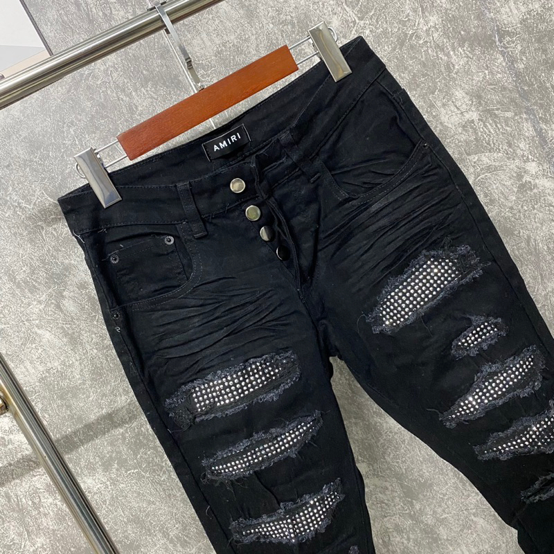 Quần jean amiri đen đính đá 4 cúc wash rách tua,quần bò đính đá amiri rách tua khâu viền vá dáng slimfit