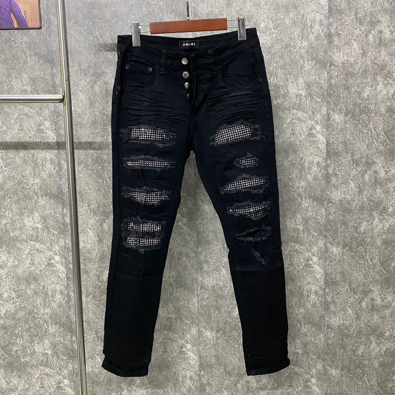 Quần jean amiri đen đính đá 4 cúc wash rách tua,quần bò đính đá amiri rách tua khâu viền vá dáng slimfit