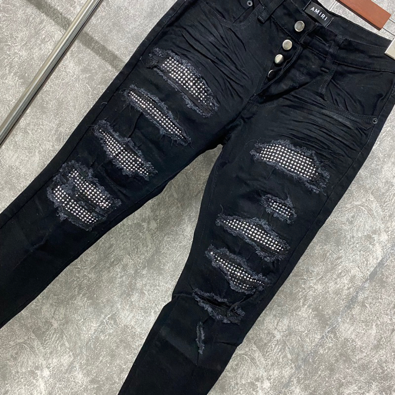 Quần jean amiri đen đính đá 4 cúc wash rách tua,quần bò đính đá amiri rách tua khâu viền vá dáng slimfit