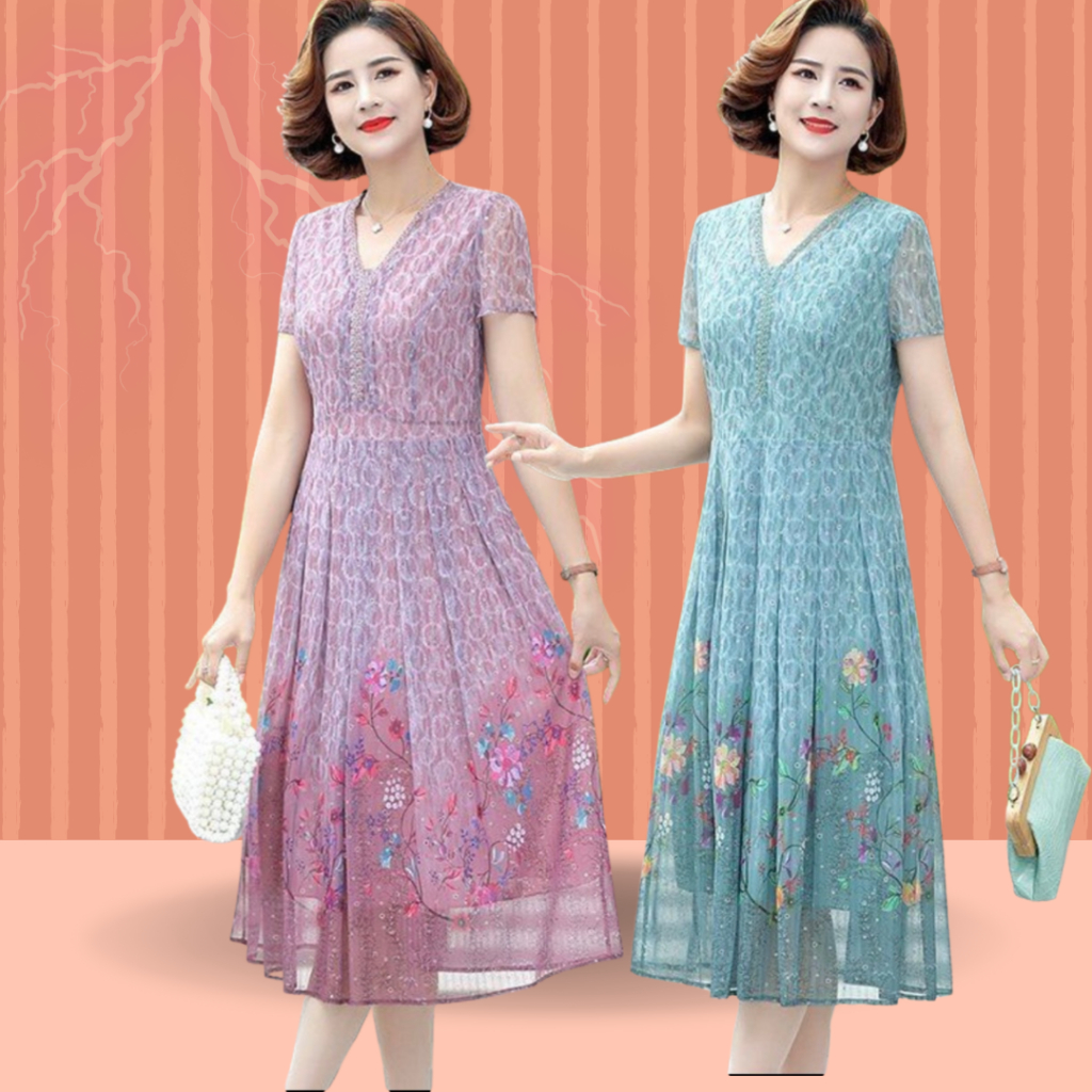 Đầm voan cao cấp voan hai lớp trung niên tặng mẹ sang trọng váy quý cô