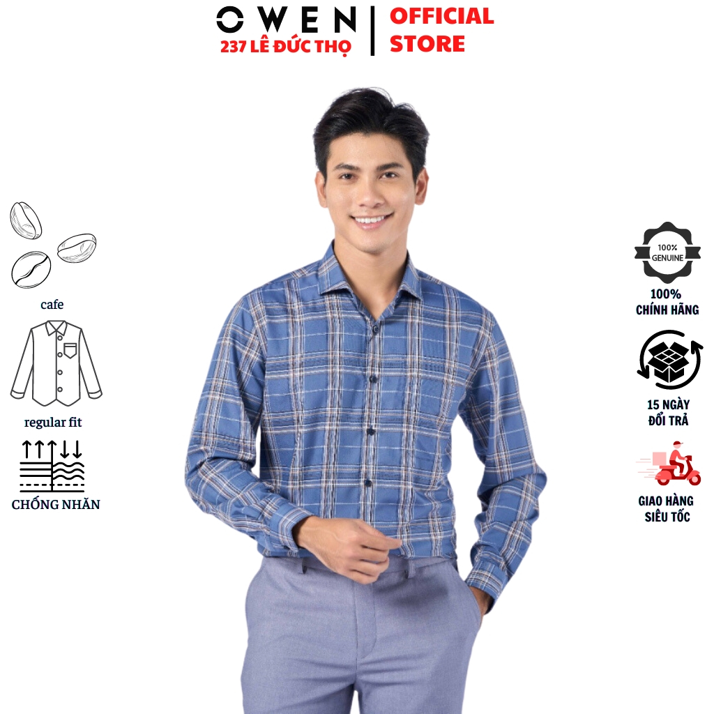Áo sơ mi công sở nam cao cấp OWEN AR220934DT somi dáng regular fit tà lượn có túi dài tay màu kẻ caro lớn xanh navy nâu