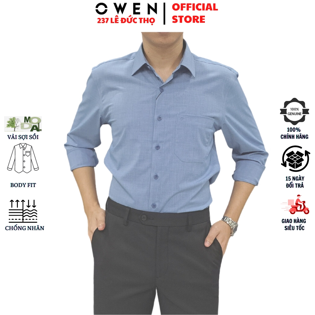 Áo sơ mi công sở nam cao cấp OWEN AR221397DT somi dáng regular fit tà lượn có túi dài tay màu xanh melange